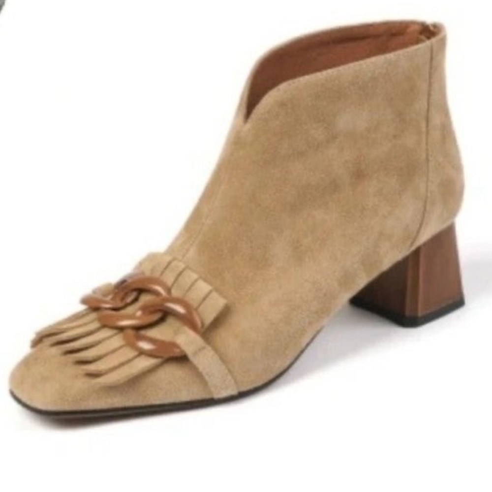 Nora, Beautiful Suede Ankle Bootie with stylish square toe, chain bit & kiltie